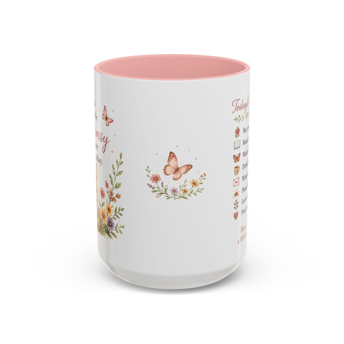 Side view of the Whimsy mug highlighting its blush-pink rim and handle