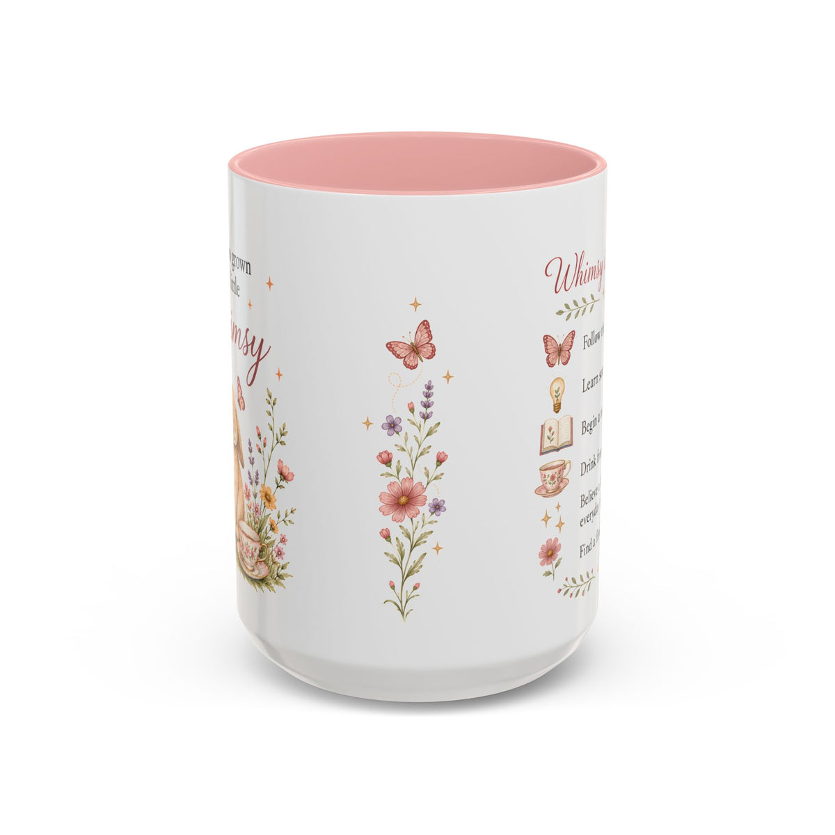 Detail of the bunny and wildflower motif wrapping around the mug