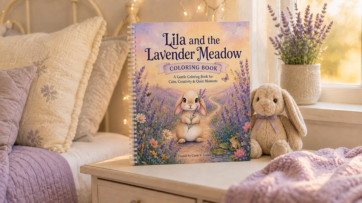 Coloring book page featuring Lila and a teddy bear in the lavender meadow