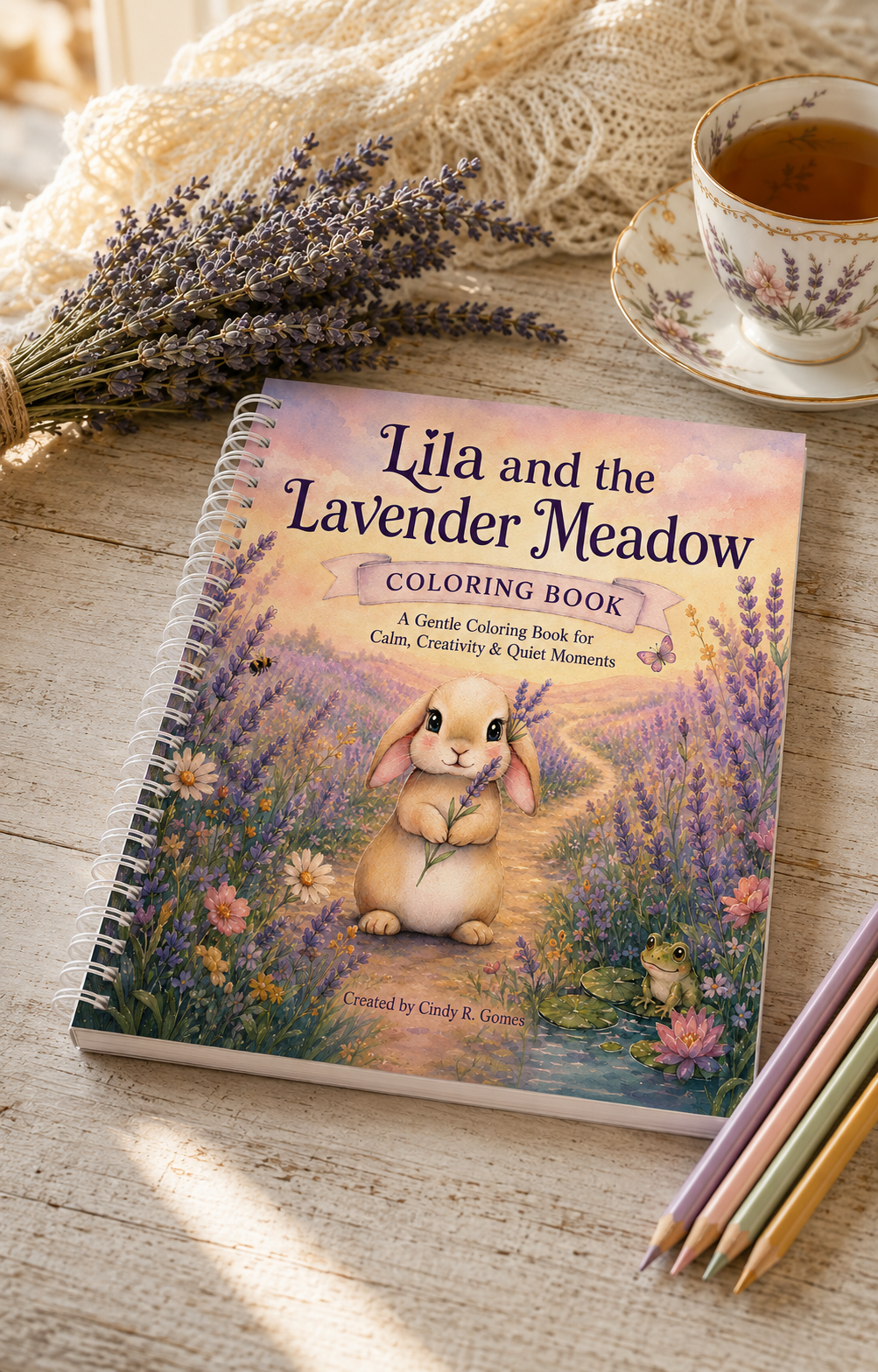 Coloring book page featuring Lila having tea in the lavender meadow