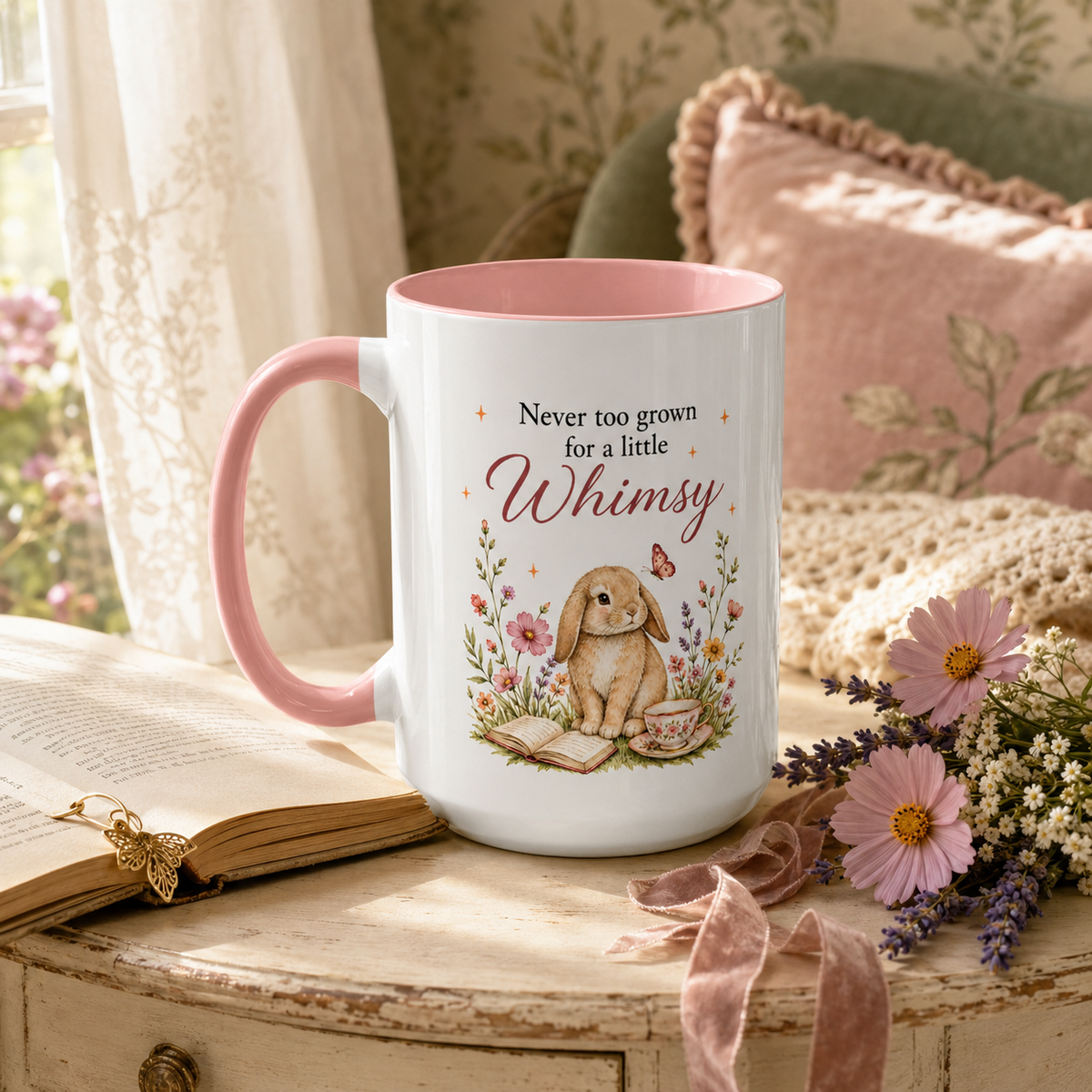 Never Too Grown for Whimsy Keepsake Mug with storybook garden scene