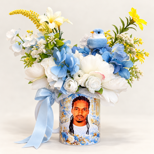 Front portrait of Christopher on Memorial Bloom Mug with blue and white bouquet and bird